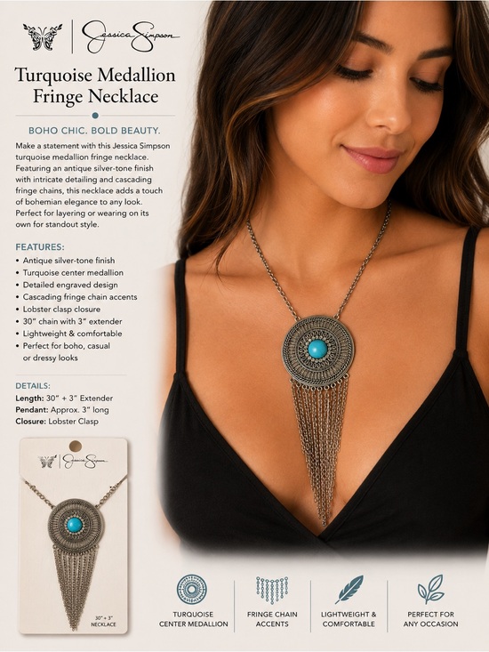 Jessica Simpson Jewelry - Jessica Simpson Turquoise and Antique Silver Fringe Medallion Necklace